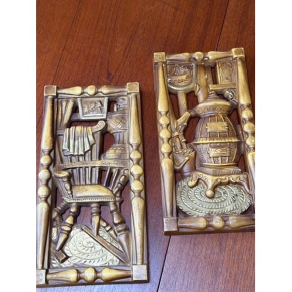 TWO Burwood Vintage Gold Colonial Wall Plaques Potbelly Stove Rocking Chair